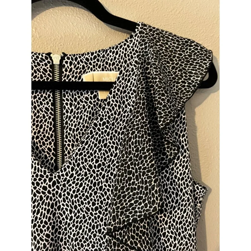 Michael Kors Dress Black White L Large Fluttery Floral Print V Neck Ruffle